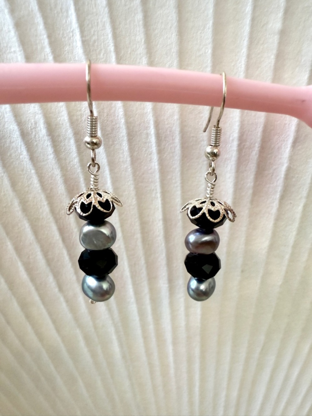 Handmade Silver Hoop Drop Earrings with Freshwater Pearl and Black Bead Accents